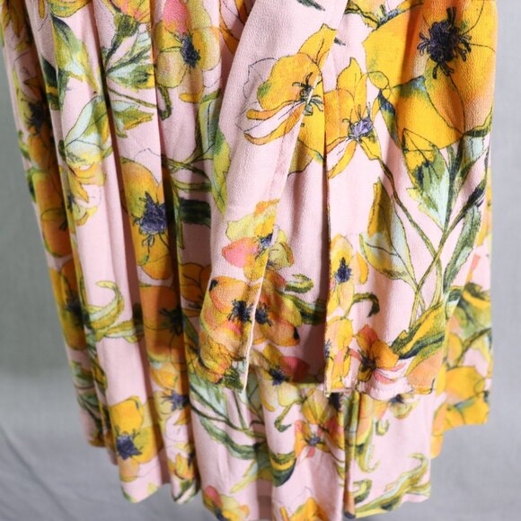 Free People Tegan Mini Dress 12 Pink Orange Floral Long Bell Sleeve V-Neck Pleat - Picture 13 of 16